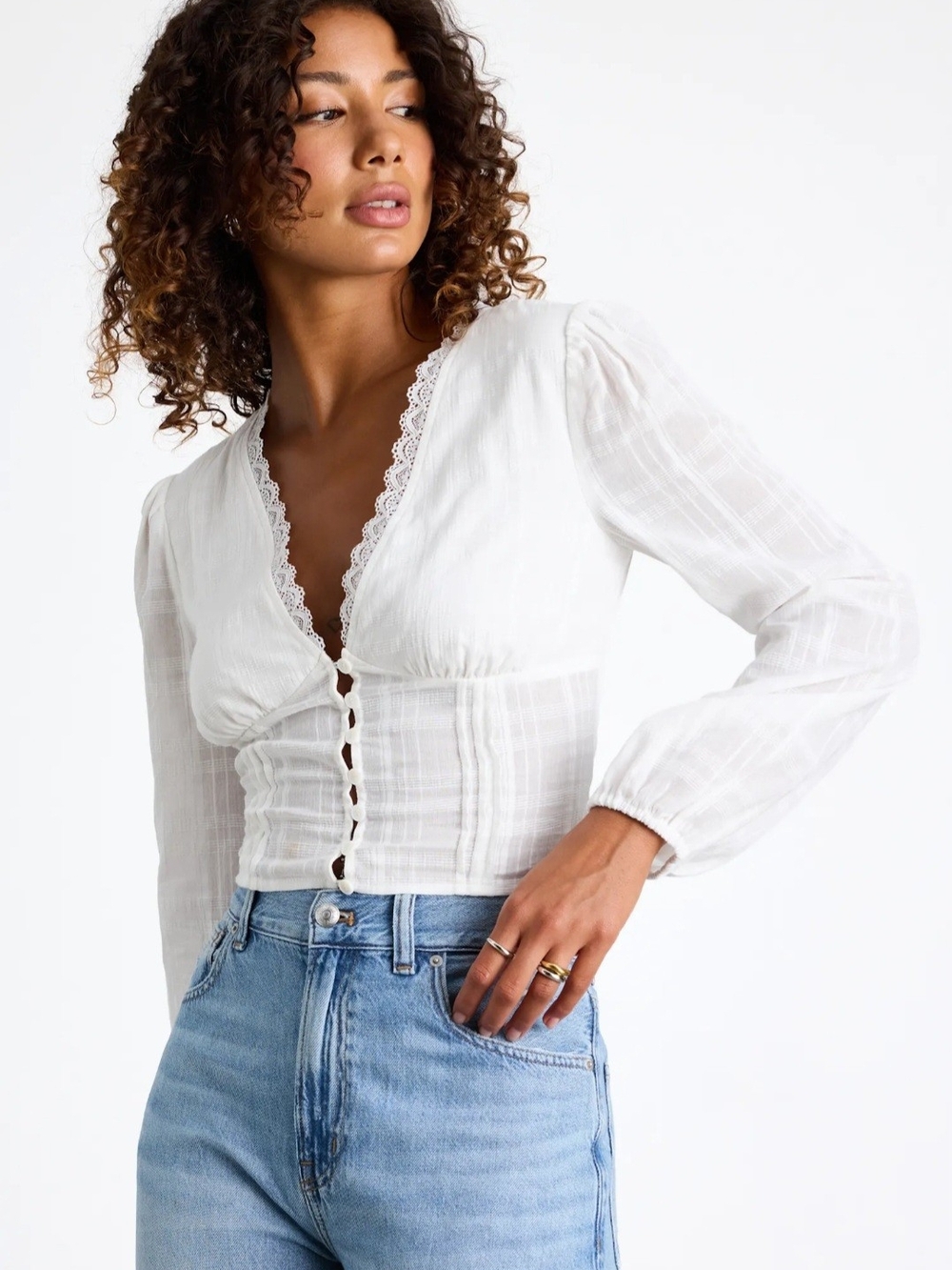 NWT Lulus Keyra Ivory Button-Front Balloon Sleeve Crop Top in white sz M